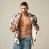 Muscle strong stripped male model shirtless in denim jeans